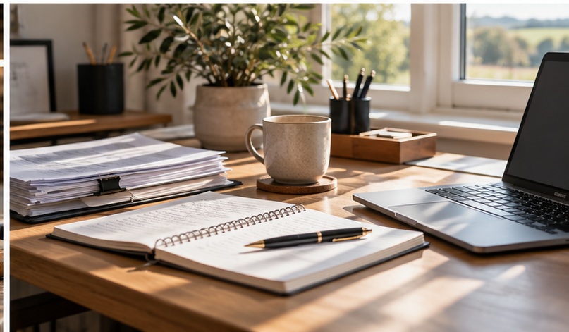 A light-filled office desk with accounts, notebook and laptop